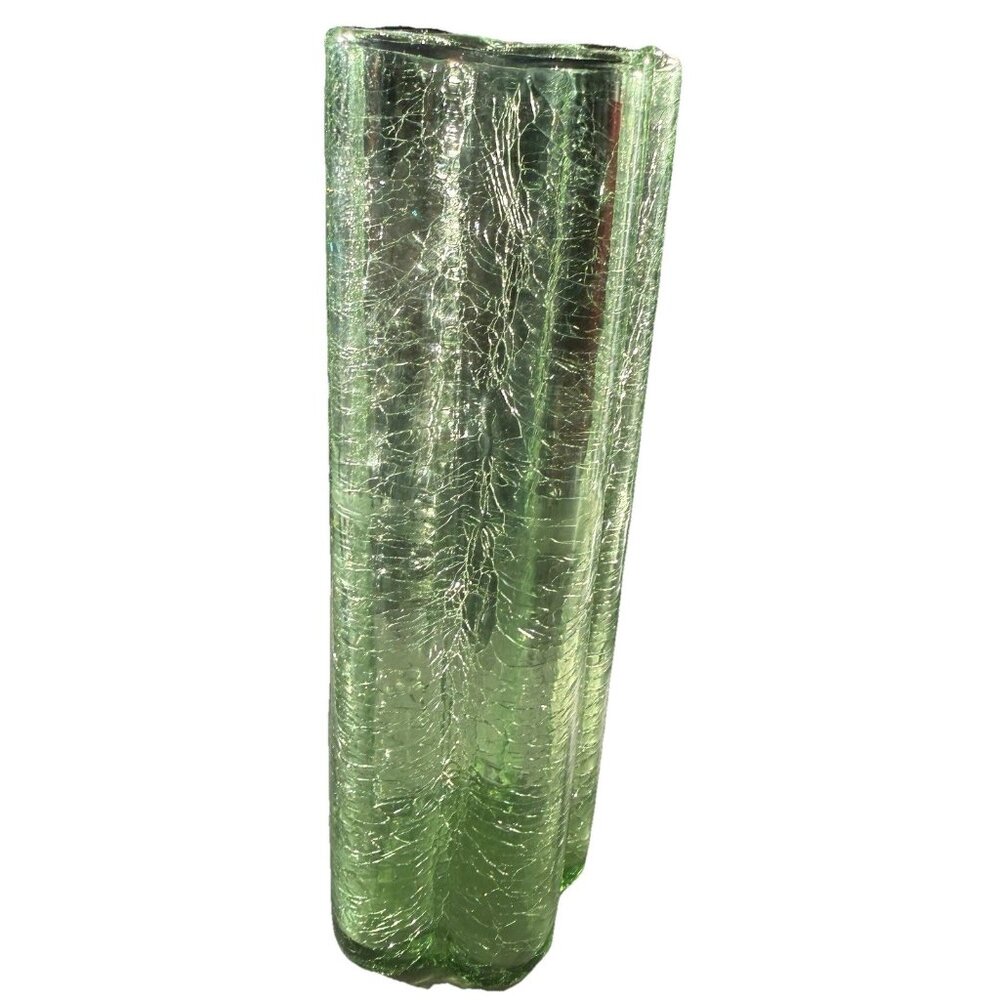 Glass Green Crackle Vase Fluted Floral Ribbed 9 1/2” Tall